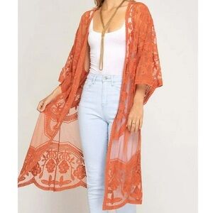 Polagram Burnt Orange Mesh Lace Sheer Kimono Cardigan Open Front Bohemian Sz S/M